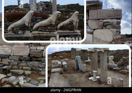 Rovine e statue di marmo sull'isola di Delo, Grecia. Architettura dell'antica Grecia, è uno dei più grandi musei all'aperto dell'antichità Foto Stock