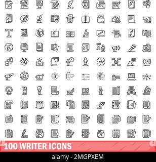 set di 100 icone di scrittura. Illustrazione di un set vettoriale di icone di scrittura 100 isolato su sfondo bianco Illustrazione Vettoriale