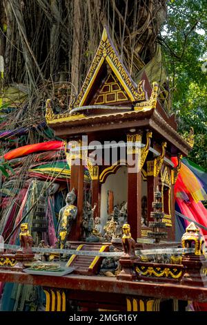 Una casa di spirito con vecchio albero banyan dietro. Casa tradizionale tailandese in miniatura costruita per lo spirito guardiano di risiedere. Foto Stock