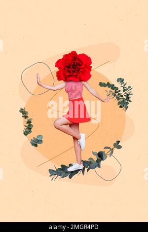 Verticale foto collage concetto di giovane sogno danza donna testa rosso bella rosa eco amichevole buon umore isolato su sfondo di colore beige Foto Stock