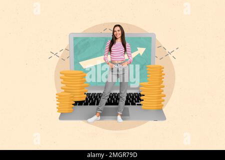 Foto di giovane affascinante positiva business signora freelance lavoro remoto binance trader laptop grafico aumentare il budget isolato su sfondo beige Foto Stock