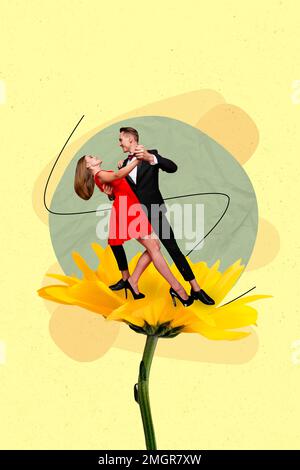 Collage fotografico creativo verticale di bella coppia ragazza ragazzo godere ballare tango su fiore grande isolato su sfondo giallo colore Foto Stock