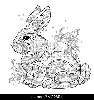 Coniglio stilizzato con fiori. Illustrazione del vettore di contorno nero disegnato a mano. Per adulti antistress colorazione pagina, stampa, design, decorazione, T-shirt, Illustrazione Vettoriale