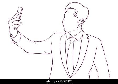 uomo d'affari prendere un selfie disegno mano vettore di stile illustrazione Illustrazione Vettoriale