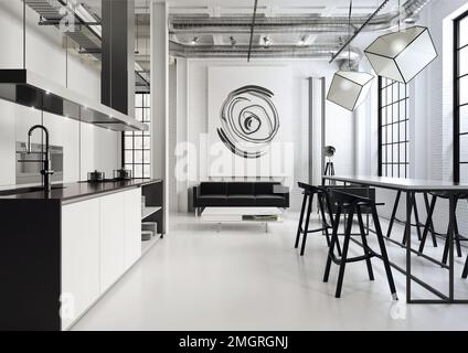 Un 3D renderizzato illustrazione di un open plan interno con cucina, sala da pranzo e soggiorno, progettato in tonalità di bianco e nero Foto Stock