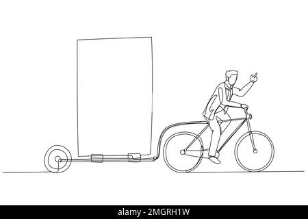 Disegno di un uomo d'affari in bicicletta con affissioni concetto di rimorchio di pubblicità all'aperto. Linea continua ART Illustrazione Vettoriale