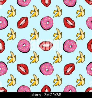 Design per il tessuto. Pop art pattern.Vector motivo senza cuciture con banane e ciambelle su sfondo blu Illustrazione Vettoriale