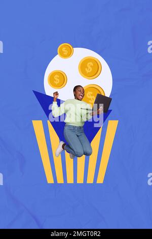 Foto creativa 3D collage illustrazione poster cartolina di ragazza divertente gioire aumento livello di stipendio isolato su sfondo pittura Foto Stock