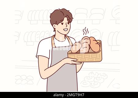 Man panettiere contiene un vassoio di pane caldo preparato per i clienti del negozio di famiglia o grande supermercato. Guy in grembiule lavora in bancarelle da forno con baguette appena sfornate. Illustrazione del vettore piatto Illustrazione Vettoriale