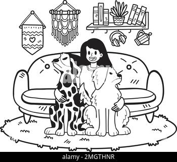 Mano disegnato il cane è arrabbiato con l'illustrazione del proprietario in stile doodle isolato sullo sfondo Illustrazione Vettoriale