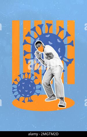 Collage 3D immagine di pinup pop retro schizzo di un serio spaventato ragazzo paura cattura coronavirus isolato pittura sfondo Foto Stock