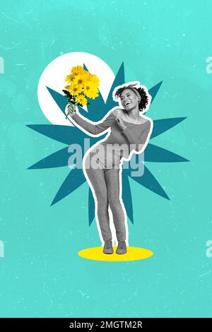 Foto collage fumetti fumetti disegno immagine di donna sorridente sognante ottenere fiori bouquet sfondo isolato disegno Foto Stock