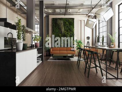 Un 3D reso illustrazione di un loft moderno interno con una cucina, sala da pranzo, soggiorno Foto Stock