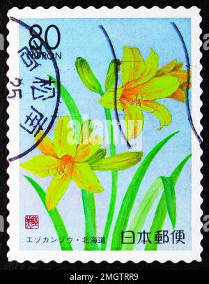 MOSCA, RUSSIA - 25 DICEMBRE 2022: Francobollo stampato in Giappone mostra Daylily, prefettura francobolli - Hokkaido serie, circa 1999 Foto Stock