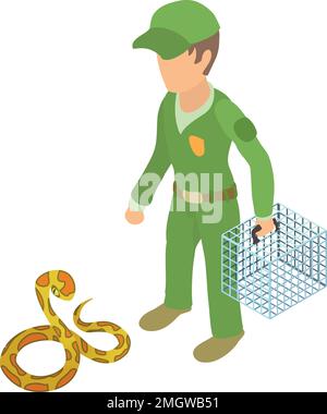 Vettore isometrico dell'icona di Tiger Python. Uomo in uniforme verde vicino a icona serpente pitone. Cattura rettile, erpetologia Illustrazione Vettoriale