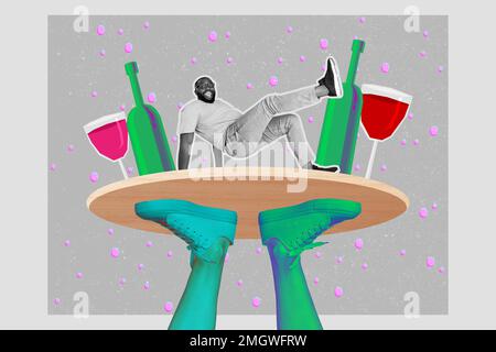 Creative astratto modello collage di divertente ballo funky hip hop uomo cameriere vassoio alcol hanno divertente vino ubriaco venerdì festeggia le vacanze Foto Stock