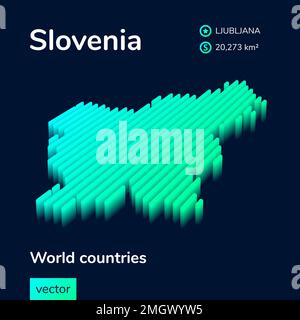 Vettore stilizzato a strisce mappa neon isometrica 3D della Slovenia è in colori menta su sfondo blu scuro Illustrazione Vettoriale