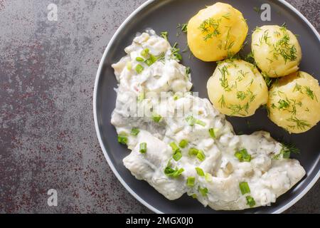 Filetto di aringa con mele, sottaceti, cipolle in salsa cremosa con contorno di patate bollite primo piano in un piatto sul tavolo. orizzontale in alto vie Foto Stock