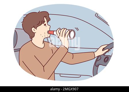 L'uomo irresponsabile beve alcol dalla macchina che guida le bottiglie rischiando la vita dei pedoni. Guy driver beve birra e non usa la cintura di sicurezza sterzo veicolo che viola le regole della strada. Disegno vettoriale piatto Illustrazione Vettoriale