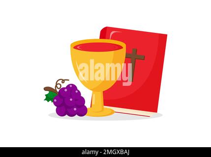 Biglietto di auguri cristiano o banner della settimana Santa prima di Pasqua. Vino, uva, Bibbia. Illustrazione vettoriale Illustrazione Vettoriale