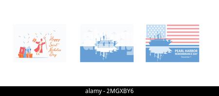 Happy Saint Nicholas Day, National Pearl Harbor Remembrance Day, 7 dicembre, set piatto vettore moderna illustrazione Illustrazione Vettoriale