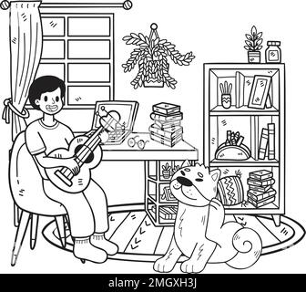 Disegnata a mano il proprietario suona la chitarra con il cane nell'illustrazione della stanza in stile doodle isolato sullo sfondo Illustrazione Vettoriale