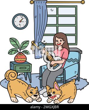 Disegnata a mano il proprietario suona la chitarra con il cane nell'illustrazione della stanza in stile doodle isolato sullo sfondo Illustrazione Vettoriale