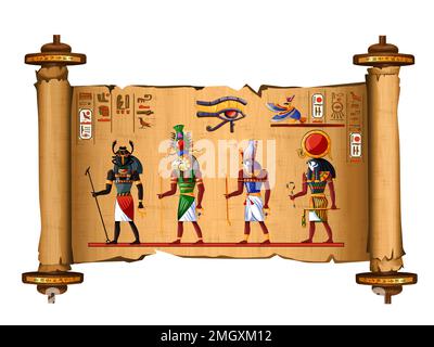 Antico vettore cartoonistico del papiro egiziano con geroglifici e simboli religiosi della cultura egiziana, Ra e Horus, falchi, divinità del sole, Khepri scarab, Dio nascente e montone di Khnum, custode della sorgente del Nilo. Illustrazione Vettoriale