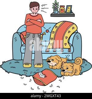 Il proprietario disegnato a mano è arrabbiato cane dissuased in su l'illustrazione della stanza nello stile del doodle isolato sullo sfondo Illustrazione Vettoriale