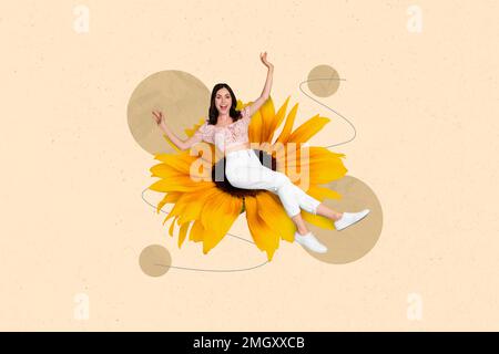 Collage creativo poster di giovane bella adorabile donna seduta girasole grande fiore primavera estate raccolto bizzarro fantasia insolita Foto Stock