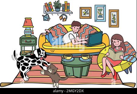 Il proprietario trainato a mano dorme con il cane e il gatto nell'illustrazione della stanza in stile doodle isolato sullo sfondo Illustrazione Vettoriale