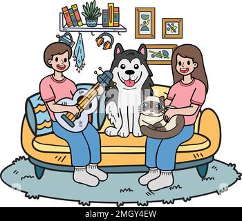 Disegnata a mano il proprietario suona la chitarra con il cane e il gatto nel soggiorno illustrazione in stile doodle isolato sullo sfondo Illustrazione Vettoriale