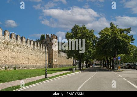Le mura medievali del Castello Scaligero si affacciano su un viale alberato in estate, Soave, Verona, Veneto, Italia Foto Stock