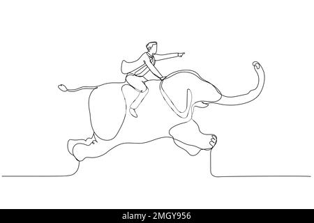 Cartone animato di uomo d'affari che cavalcano sul concetto dell'elefante dell'organizzazione grande di affari. Stile artistico a linea singola Illustrazione Vettoriale