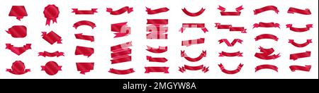 Banner nastro rosso seta set vettoriale isolato. Nastri vintage. Illustrazione Vettoriale