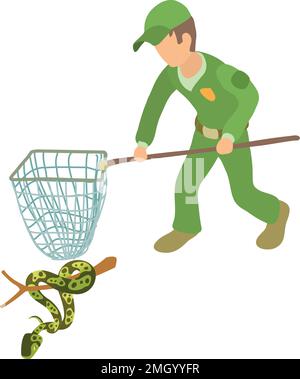 Vettore isometrico dell'icona di un python ad albero. Uomo in uniforme con rete di atterraggio vicino al pitone. Cattura rettile, erpetologia Illustrazione Vettoriale
