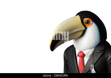 Ritratto di Toucan in tuta da lavoro – Illustrazione digitale 3D su sfondo bianco Foto Stock