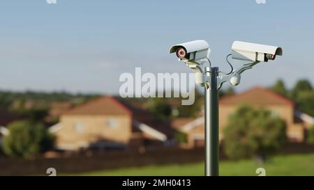 Telecamere di sorveglianza in uno spazio pubblico di un quartiere residenziale. Rendering 3D digitale. Foto Stock