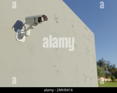 Telecamera di sorveglianza montata su una parete esterna. Videosorveglianza in luoghi pubblici. Rendering 3D digitale. Foto Stock