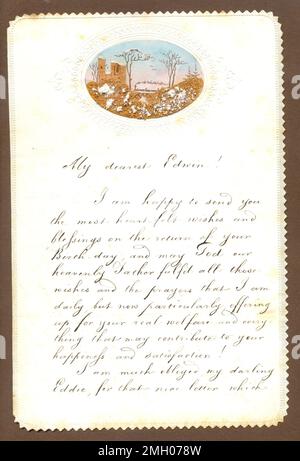 Lettera del nonno al nipote a scuola augurandogli un buon compleanno datata 18 aprile 1870 Foto Stock