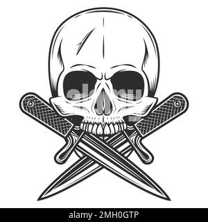 Gangster cranio con coltelli incrociati in stile monocromatico vintage isolato vettore illustrazione Illustrazione Vettoriale