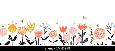 Fiabe fiori bordano in stile folk scandinavo, senza cuciture motivo vettoriale. Ripetizione sfondo prato fiore doodle con api di miele. Design per il tessuto Illustrazione Vettoriale