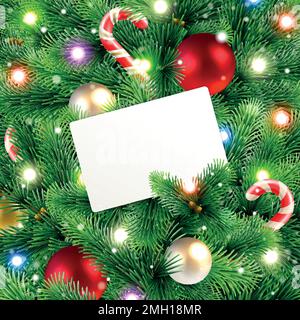 Sfondo di Natale con rami decorati in abete rosso e un biglietto di auguri vuoto Illustrazione Vettoriale