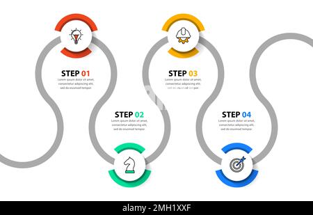 Modello infografico con icone e 4 opzioni o passaggi. Timeline, può essere utilizzato per il layout del flusso di lavoro, il diagramma, il banner, il webdesign. Illustrazione vettoriale Illustrazione Vettoriale