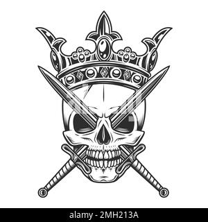 Cranio in corona re con spade incrociate isolato vettore illustrazione su sfondo bianco. Vintage coroning, elegante regina o re corona reale Illustrazione Vettoriale