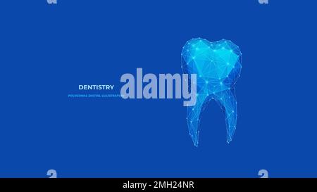 Dente umano. Denti tecnologici. Vettore poligonale isolato su sfondo blu Illustrazione Vettoriale