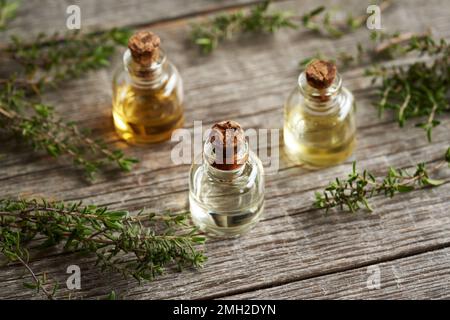Bottiglie di olio essenziale per aromaterapia con timo fresco Foto Stock