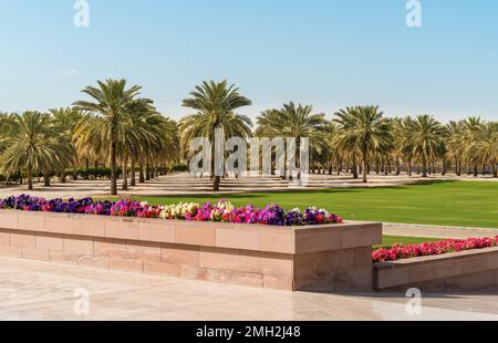 Giardini con palme all'interno della Grande Moschea del Sultano Qaboos, Oman, Medio Oriente Foto Stock