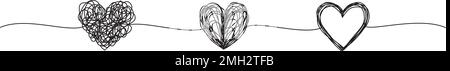 Striscione a cuore grungo aggrovigliato disegnato a mano con linea sottile, a forma di divisore. Isolato su sfondo bianco. Illustrazione vettoriale Illustrazione Vettoriale