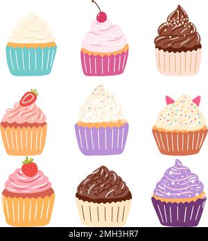 Deliziosi cupcake disegnati a mano in stile cartone animato. Illustrazione vettoriale di dolci, dessert, dolci. Illustrazione Vettoriale